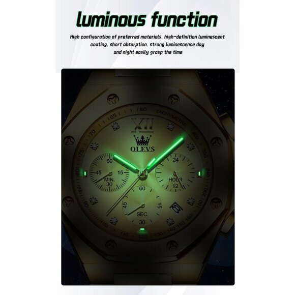 Olevs Men's Gold Stainless Steel Analog Luminous Waterproof Easy Wear Watch - Picture 4 of 5